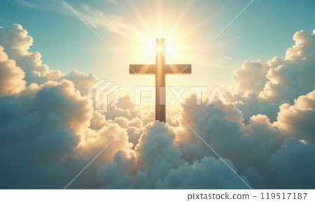 A cross formation in the clouds with the sun shining through 119517187