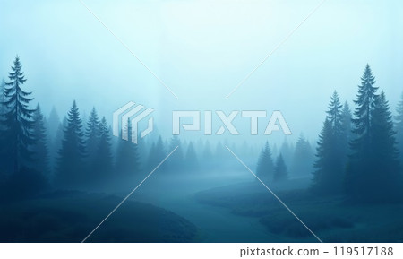 A foggy forest scene with trees silhouetted against a blue sky 119517188