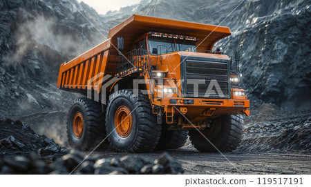 A large orange dump truck drives down a mountain dirt road 119517191