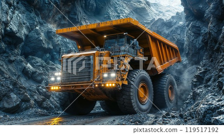 A large orange dump truck drives down a mountain dirt road 119517192