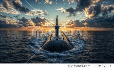 A submarine is currently floating on the surface of a large body of water 119517203