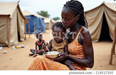 A woman holds a small child while eating from a bowl 119517205