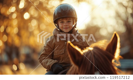 A young boy who is wearing a safety helmet is riding a horse A young boy who is wearing a safety helmet is riding a horse 119517212