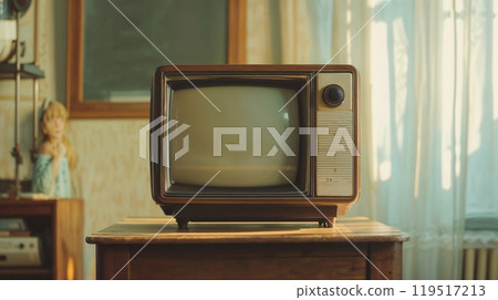 An oldfashioned television is resting atop a wooden table An oldfashioned television is resting atop a wooden table 119517213