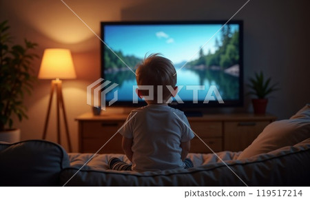 Boy watching television alone in a living room Boy watching television alone in a living room 119517214