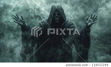 A figure resembling a grim reaper death, wearing a hood and having a skull for a face A figure resembling a grim reaper death, wearing a hood and having a skull for a face 119517244