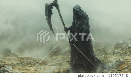 A grim reaper holds a large scythe in a foggy, mysterious field 119517248