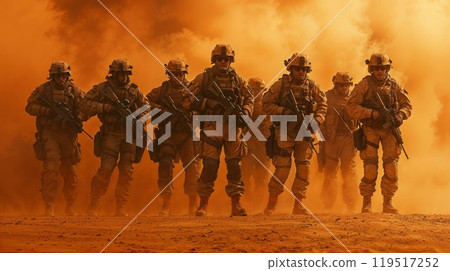 A group of soldiers is walking in a straight line through the desert 119517252