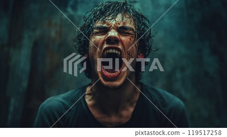 A man is loudly screaming with his mouth wide open in a dark room 119517258