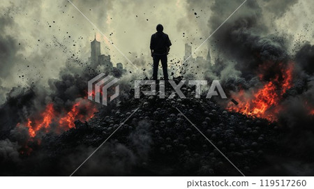 A man stands on rubble, surrounded by a city in the background 119517260