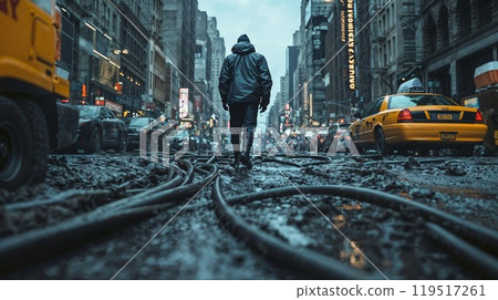 A man with a backpack is walking down a wet city street 119517261