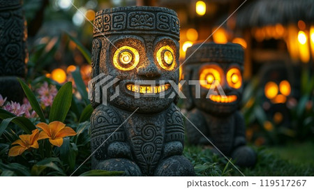 A statue of a man in a crown is surrounded by beautiful flowers 119517267