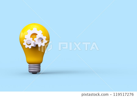Yellow light bulb with gear. Idea and creative solution concept. 3d render Yellow light bulb with gear. Idea and creative solution concept. 3d render 119517276