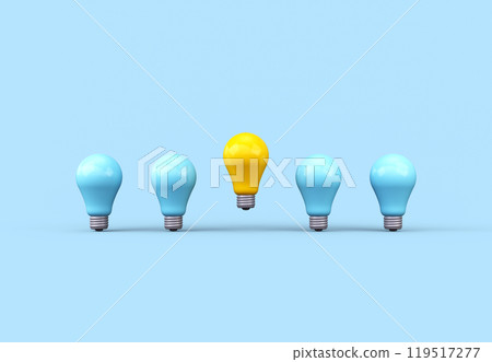 Creative idea. 3D render. Yellow light bulb surrounded by blue light bulbs. Creative idea. 3D render. Yellow light bulb surrounded by blue light bulbs. 119517277