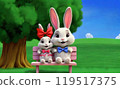 AI-generated image of two rabbits sitting on a pink bench under a large tree in a meadow 119517375