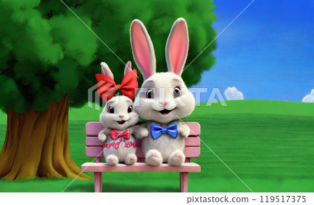 AI-generated image of two rabbits sitting on a pink bench under a large tree in a meadow 119517375