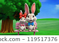 AI-generated image of two rabbits sitting on a pink bench under a large tree in a meadow 119517376