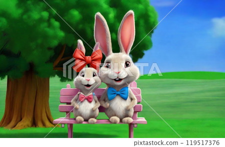 AI-generated image of two rabbits sitting on a pink bench under a large tree in a meadow 119517376