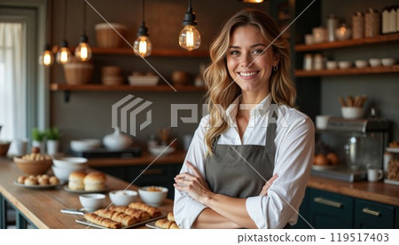 A woman in an apron stands with her arms crossed in the kitchen 119517403