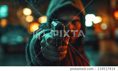 Hooded man holds hand gun and points it to the camera. Concept of crime and fire arm assault with mature man. Armed robbery on black, shallow depth of field, focus on the barrel of the pistol 119517414