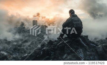 Post-traumatic stress disorder concept. A soldier in uniform sits on the ruins of a destroyed building 119517420