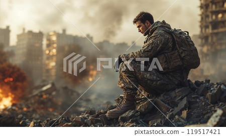 Post-traumatic stress disorder concept. A soldier in uniform sits on the ruins of a destroyed building 119517421