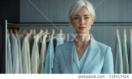 A beautifully elegant fashion portrait captured within a chic and modern boutique setting 119517426