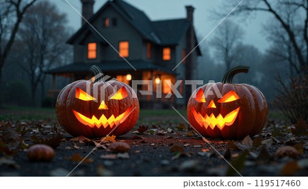 Two glowing Halloween pumpkins shine before a spooky haunted house Two glowing Halloween pumpkins shine before a spooky haunted house 119517460