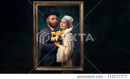 Van Gogh and Girl with white pearl pose within golden picture frame, holding sunflowers. 119517777