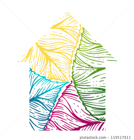 Eco pattern from multicolored leaves in the house shape Eco pattern from multicolored leaves in the house shape 119517811