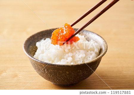 用醬油醃製的筋子放在米飯上 用醬油醃製的筋子放在米飯上 119517881