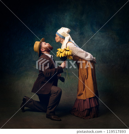 Romantic gesture with sunflowers in vintage style. Elegant woman in period attire leaning forward to kiss the man Romantic gesture with sunflowers in vintage style. Elegant woman in period attire leaning forward to kiss the man 119517893