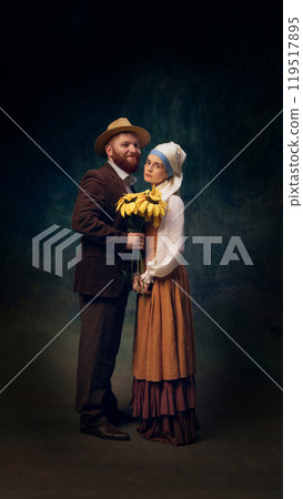 Cinematic portrait of man and woman dressed in vintage-inspired attire, holding bouquet of sunflowers. Cinematic portrait of man and woman dressed in vintage-inspired attire, holding bouquet of sunflowers. 119517895