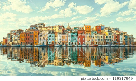 A vibrant row of colorful buildings is beautifully reflected in the water 119517949