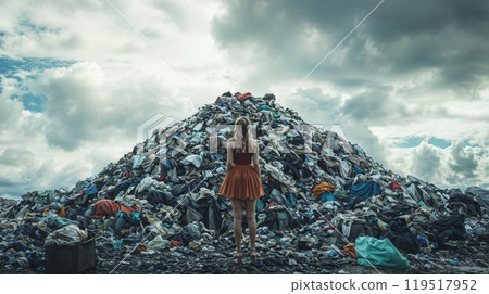 A woman is currently standing on top of a large pile of garbage 119517952