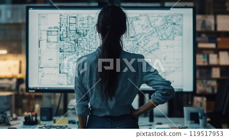 A woman is focused on a detailed blueprint on a computer screen 119517953