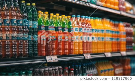 Bottles filled with juice are neatly lined up on a shelf in a store 119517960