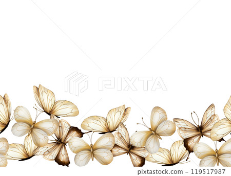 Seamless frame, border, banner with boho butterflies. Watercolor hand drawn beige insect clipart isolated on background. Botanical and wedding illustration. For designers, invitations, decoration 119517987