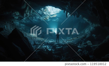 A man is currently standing inside a cave while holding a flashlight A man is currently standing inside a cave while holding a flashlight 119518012