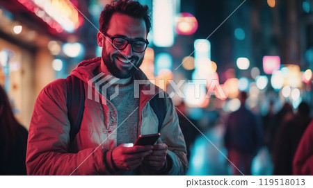 A man is happily smiling while looking at his cell phone screen 119518013