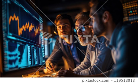 Three men are intently looking at a computer screen that displays a graph on it 119518018