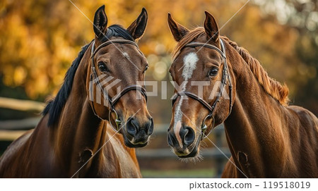 Two brown horses stand next to each other in a fenced area 119518019