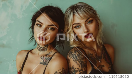 Two young women with tattoo standing isolated on background. Diversity and beauty faces concept, vertical aesthetic portrait 119518020