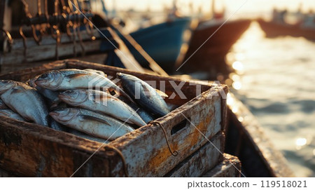 Various freshly just caught fish in wooden crate on a fishing wooden boat 119518021