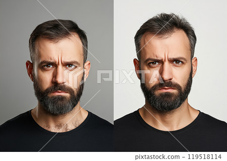Contrasting portraits of a man with a beard showcasing different expressions and lighting in a 119518114