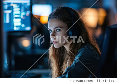 A young woman focused on coding in a dimly lit room with multiple computer screens during a late 119518145