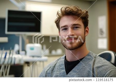 A confident young male dentist smiling warmly in a modern dental office during a bright and busy day 119518175