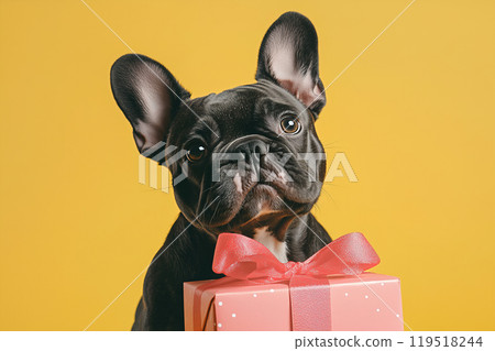 French Bulldog with a pink gift box on a bright yellow background during a festive celebration 119518244