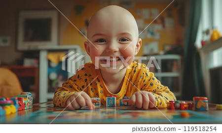 A bald little girl smiles while playing a board game 119518254