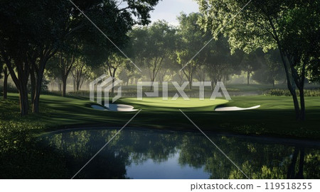 A beautiful golf course features lush trees and a serene lake in its center 119518255